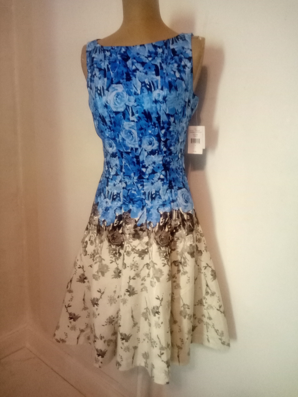 Blue and Cream Floral Asymmetrical Dress